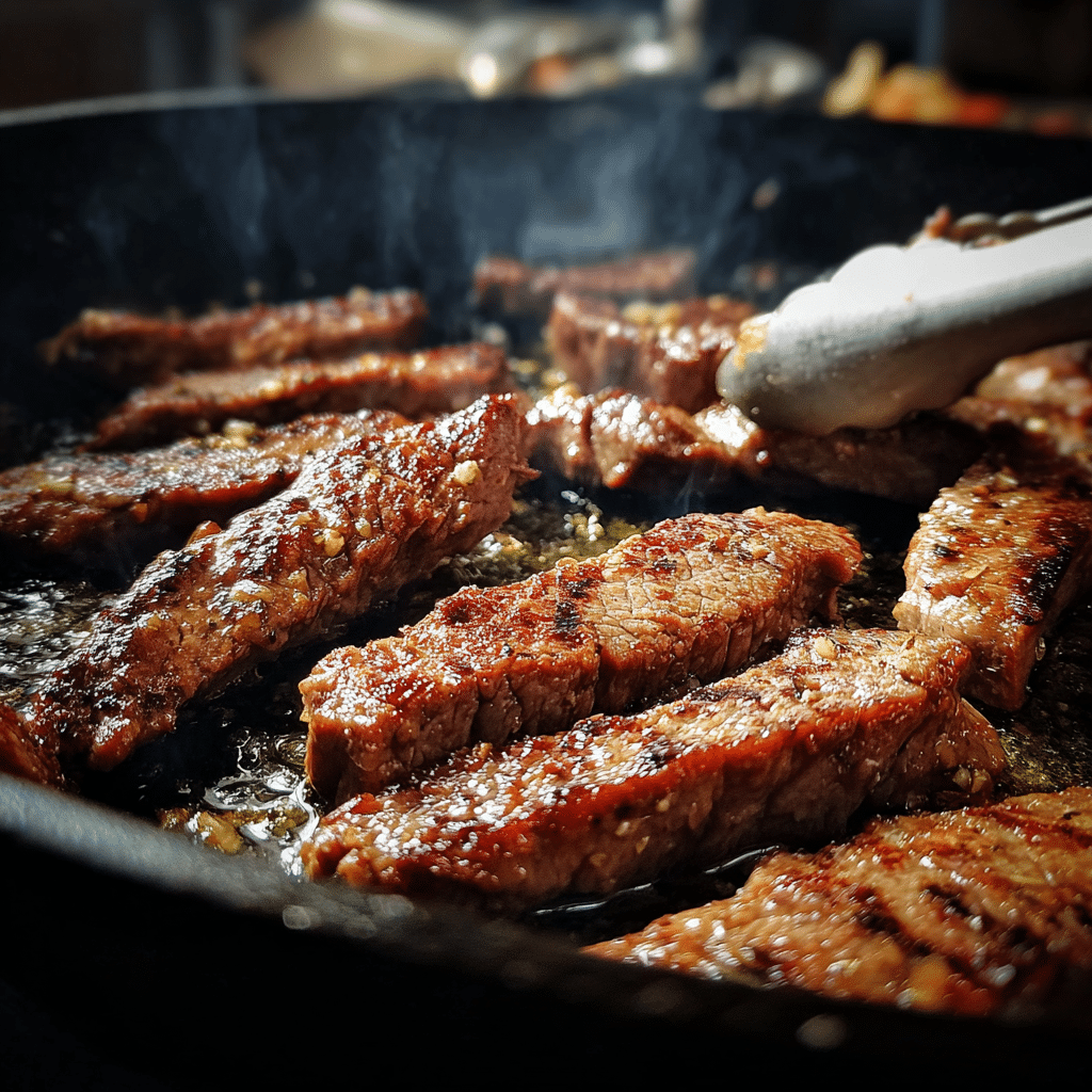 searing steak strips in a skillet with olive oil