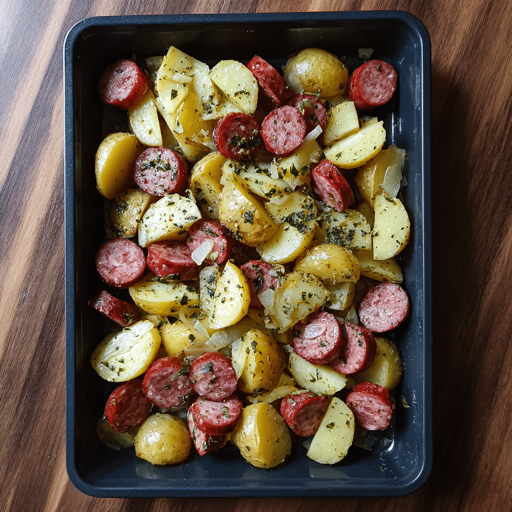 seasoned cheesy ranch potatoes and smoked sausage prep