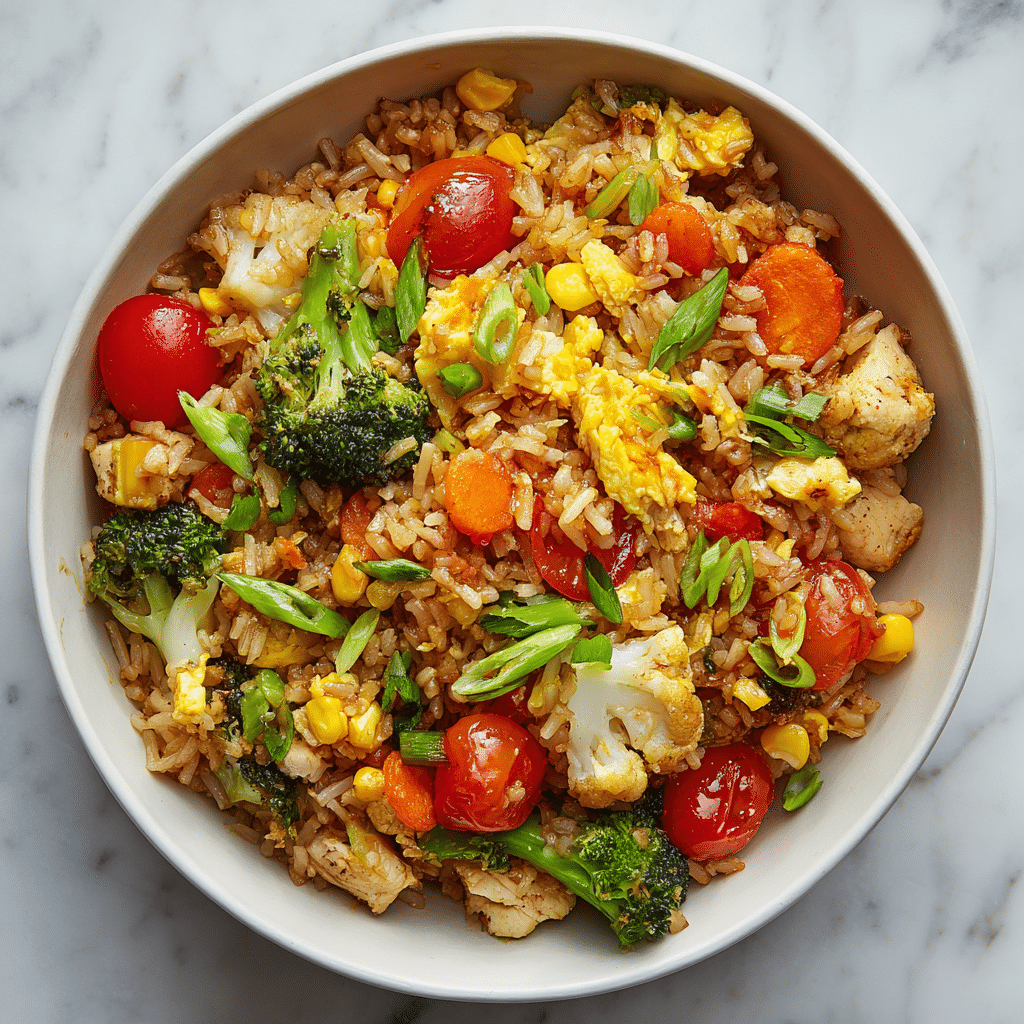 Served bowl of Rainbow Fried Rice (one-pot rice cooker recipe)