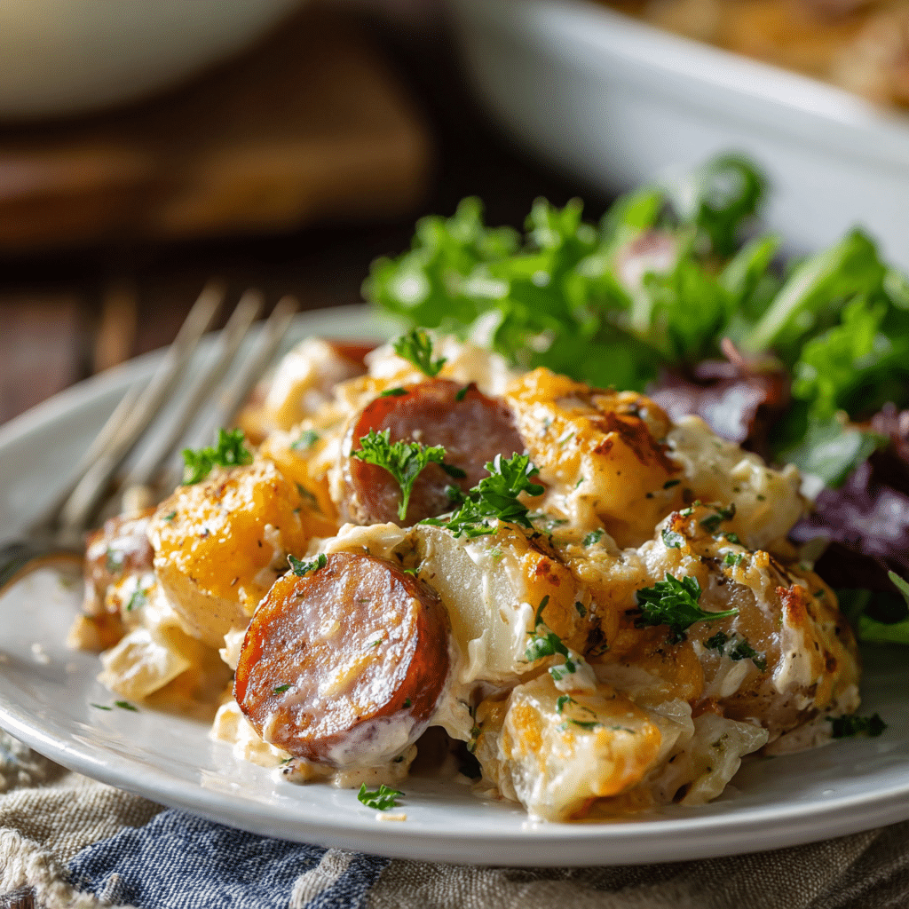 serving of cheesy ranch potatoes and smoked sausage
