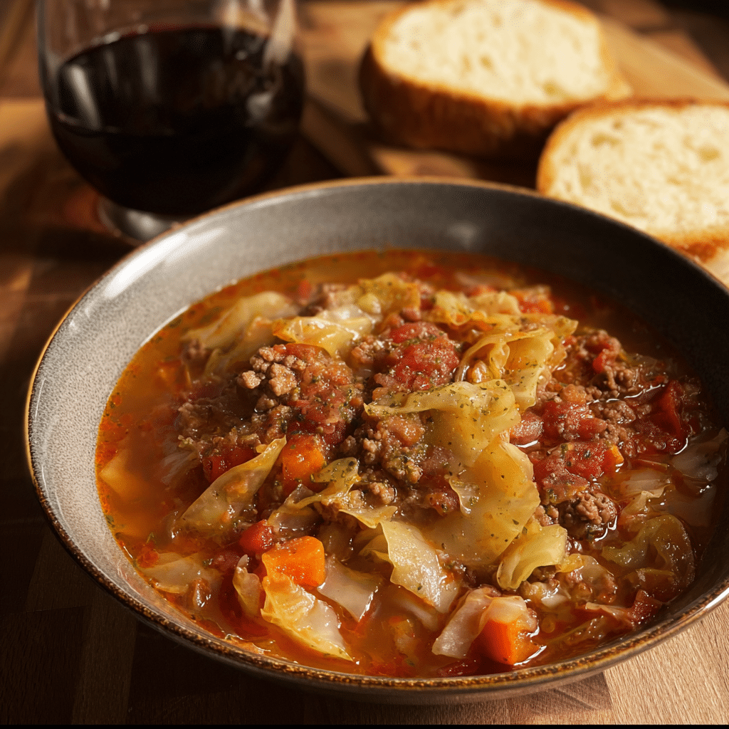 Ground beef and cabbage soup served with bread 