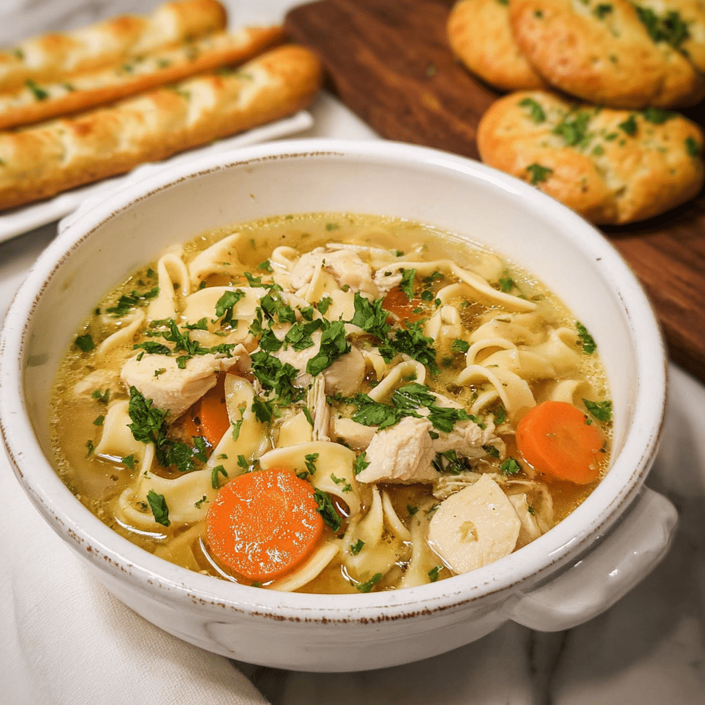 serving of one pot chicken noodle soup with parsley garnish
