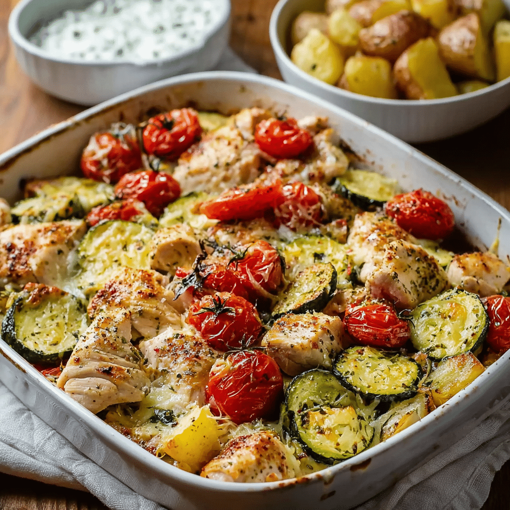 Serving Sheet Pan Mediterranean Chicken Zucchini with sides