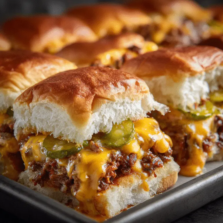 Sheet Pan Burger Sliders freshly baked with golden buns and melted cheese