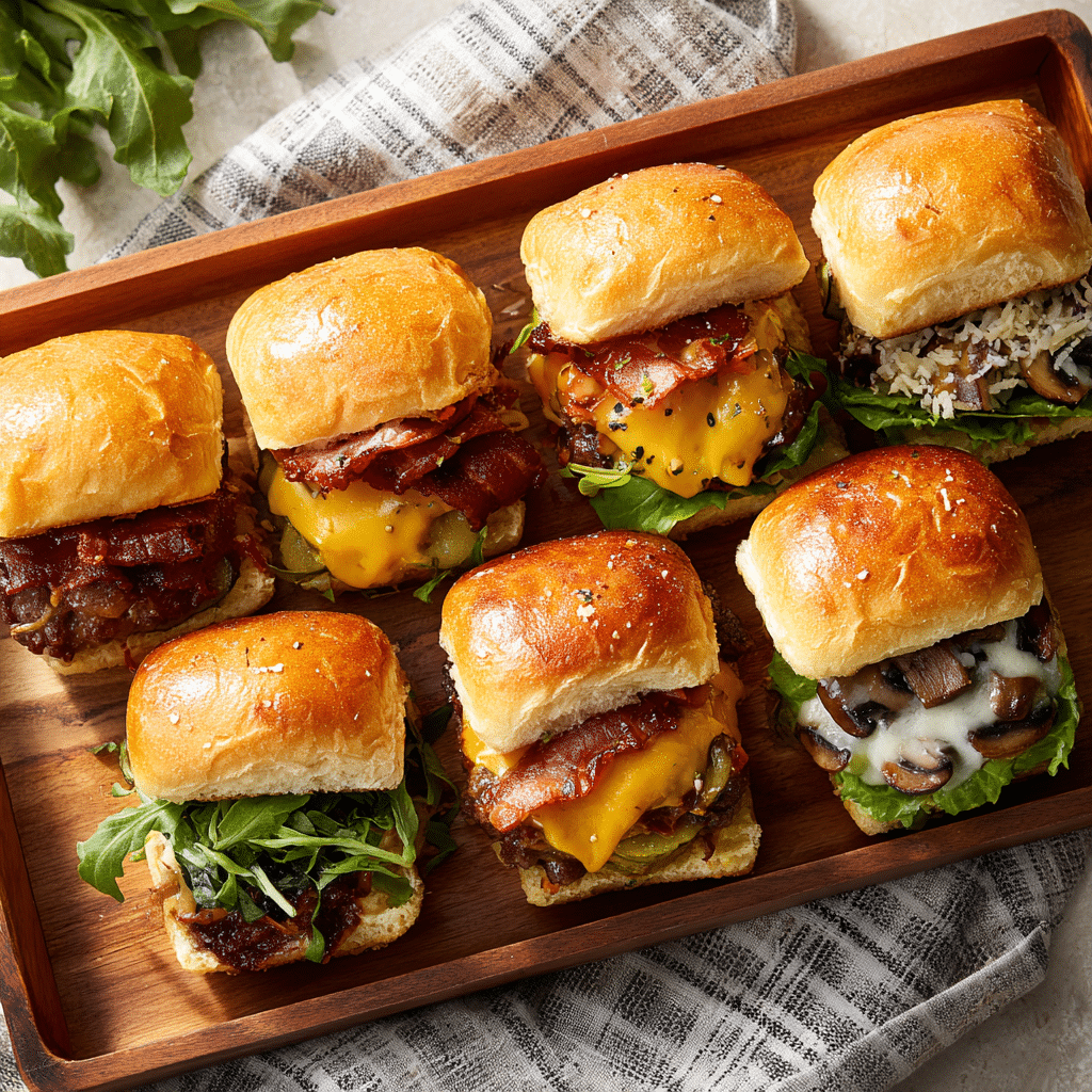 Assorted Sheet Pan Burger Sliders with different toppings and flavors