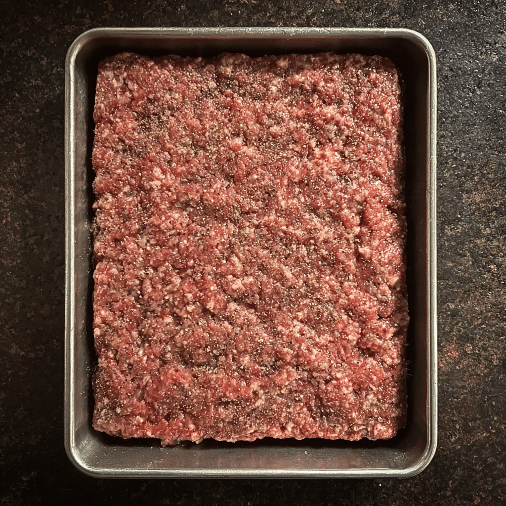 Raw ground beef pressed into a sheet pan for Sheet Pan Burger Sliders