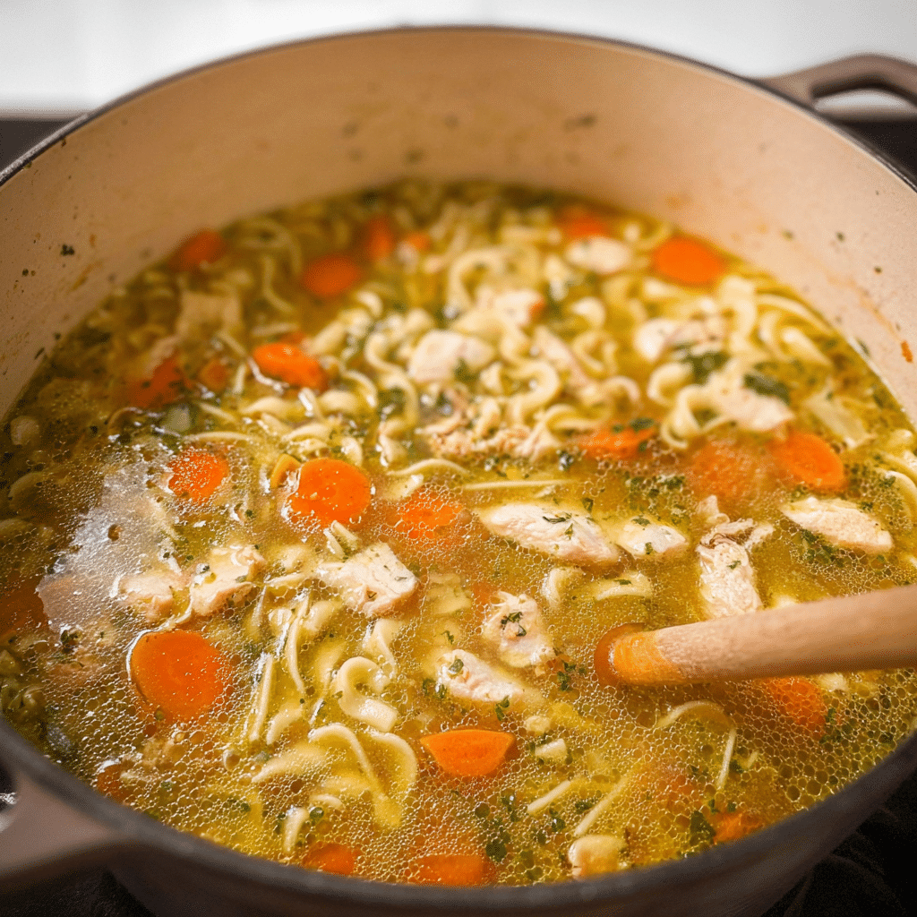 one pot chicken noodle soup simmering in pot