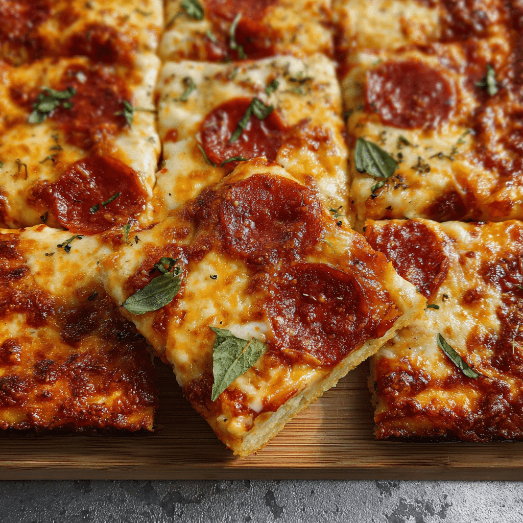 Sliced High-Protein Sheet Pan Pizza on cutting board