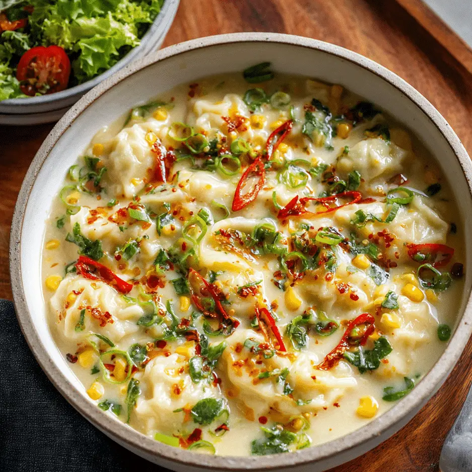 One Pan Sweet Corn Coconut Dumplings with fresh salad