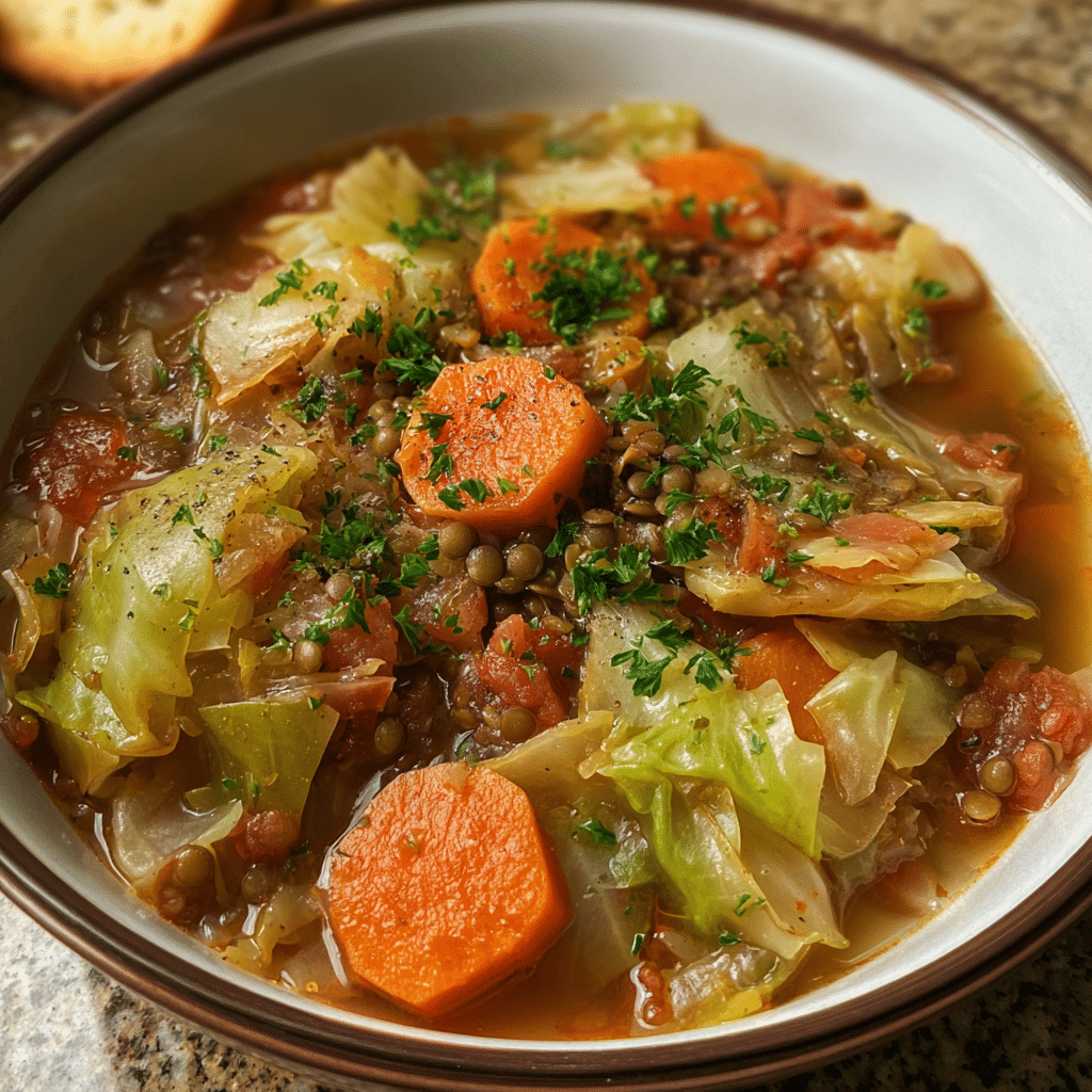 Vegan ground beef and cabbage soup with lentils and fresh vegetables