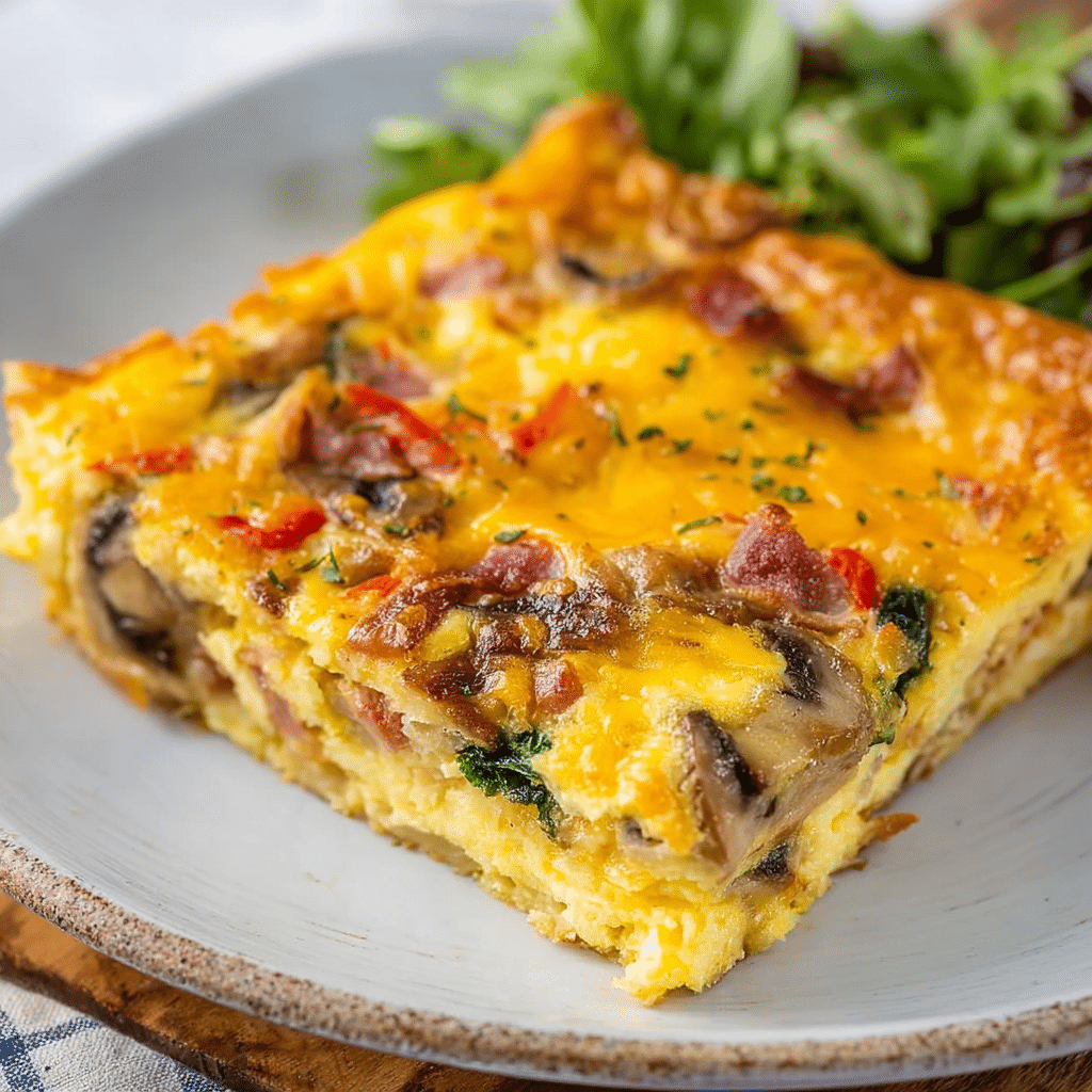 Veggie-Packed Crack Breakfast Casserole slice served with salad